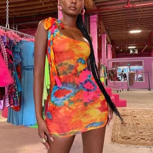 2021 Skinny Print Dress Sexy Hot Tie Dye Women Bodycon Dress One Shoulder Bandage Fashion Party Mini Dresses Sleeveless