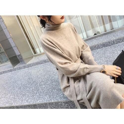 Wenfly Women Sweater Dress Turtleneck Long Sleeve Sashes Knitting Mid-Calf Loose Female Dresses Korean Streetwear