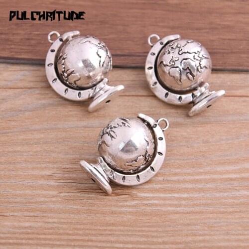 1pcs 30*27mm Metal Alloy Antique Silver color Color Big Globe Charms Rotatable Pendants For Jewelry Making DIY Craft
