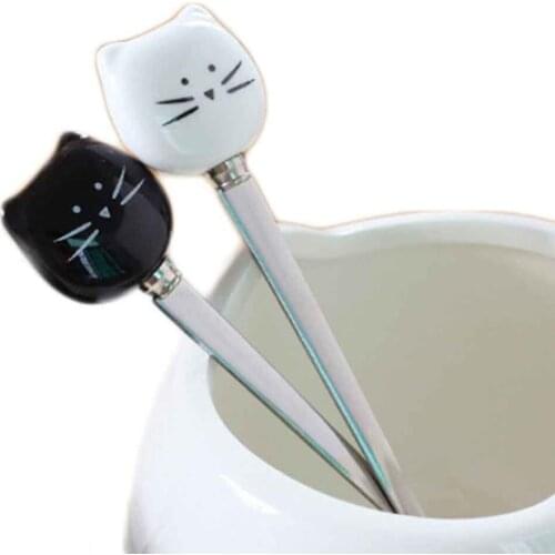 1pcs Black And White Cat Stainless Steel Spoon Cute Cartoon Cat Porcelain Handle Spoon P10