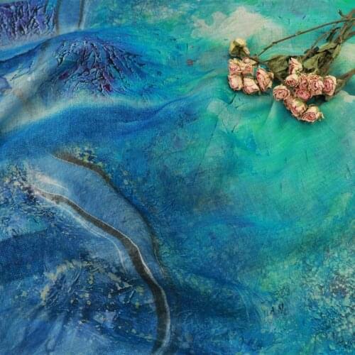 135cm High-end pure ramie patchwork Rice Blue Green Oil Painting fabric Womens Dresses and clothes in Summer Thin Style tissus