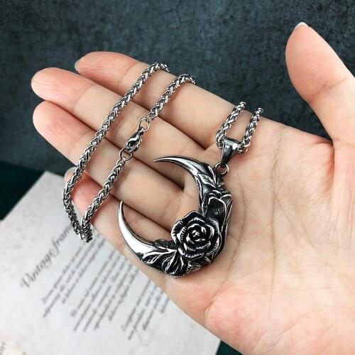 Retro Punk Goth Style Stainless Steel Chain Necklace For Womens Gothic on Neck Pendant Crescent Moon Rose Pendants Jewellery