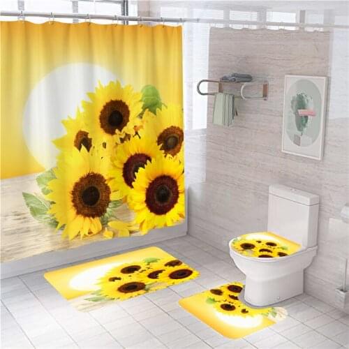 Ouneed Shower Curtains Set 4PCS Non Slip Sunflower Pattern Toilet Polyester Cover Mat Set Waterproof Bathroom Shower Curtains