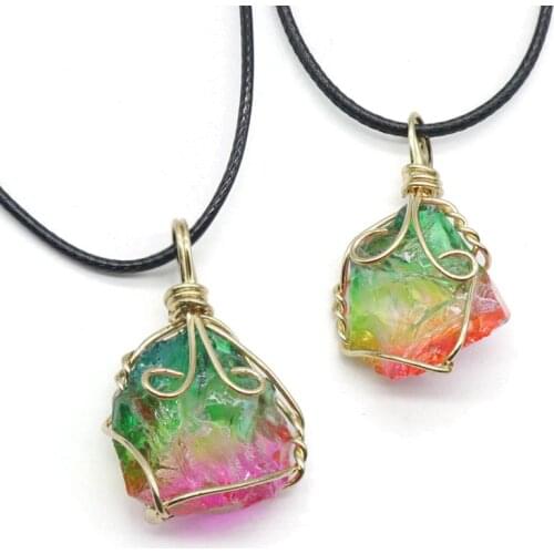 Raw Quartz Pendant Rainbow Plating with PU Chain Irregular Natural Crystal Wrapped Necklace for Women