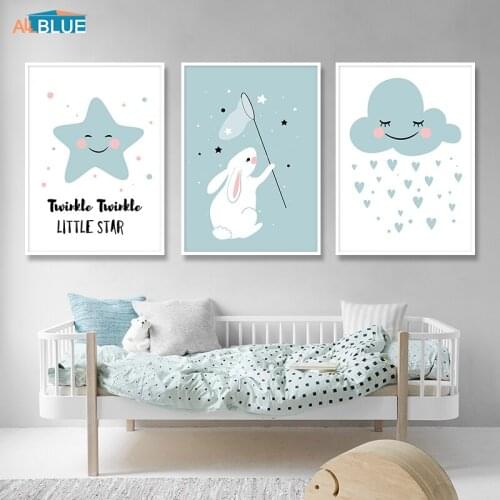 Cute Rabbit Star Cloud Nordic Nursery Cartoon Posters And Prints Kids Wall Art Canvas Painting Wall Pictures For Kids Room Decor