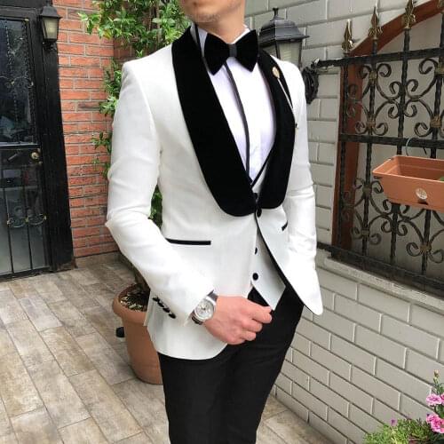 Custom Made Men Suits White and Black Groom Tuxedos Shawl Velvet Lapel Groomsmen Wedding ( Jacket+Pants+Vest+Bow Tie ) D256