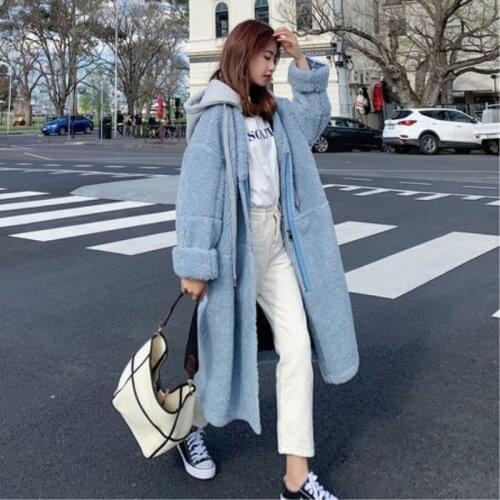 New Fashion Korean Loose Hooded Thick Lamb Coat Womens Long Section Over Knee-length Warm Coats Large Size Clothing Tide Female