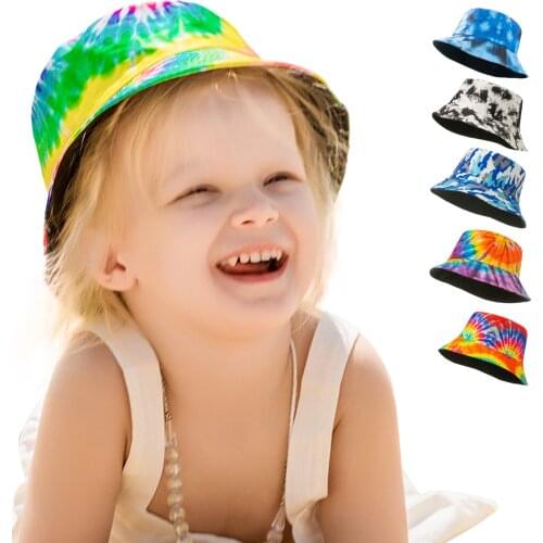 2021 New Summer Kids Bucket Hat UV Protection Boys Cap Children Panama Outdoor Beach Girls Sun Hat Tie-dyed Print Fisherman Cap
