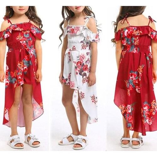 Summer Sling Floral Dress Girl Princess Elegant Ruffles Irregular Culotte Dresses Beach Child Girls Clothes 0-1 2 3 4 Year