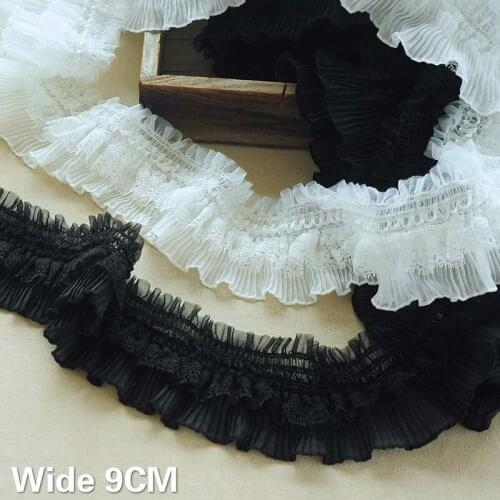 9CM Wide White Black 3d Pleated Chiffon Lace Fabirc Elastic Ruffle Trim Ribbon Guipure DIY Dress Collar Clothing Sewing Deocr