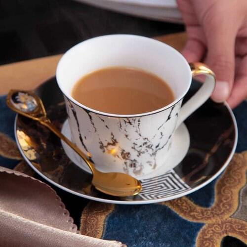 Luxury matte ceramic marble tea coffee Cups and with wood Saucers inlay On-glazed Advanced ceramic cups