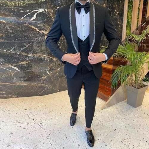 Luxury Sequin Shawl Lapel Wedding Suit One Button Slim Fit Mens Tuxedos Two Piece Black Regular Outfit