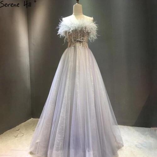 Serene Hill Grey A-Line Luxury Evening Dresses Gowns 2021 Beaded Feather Sexy For Women Wedding Party LA70803