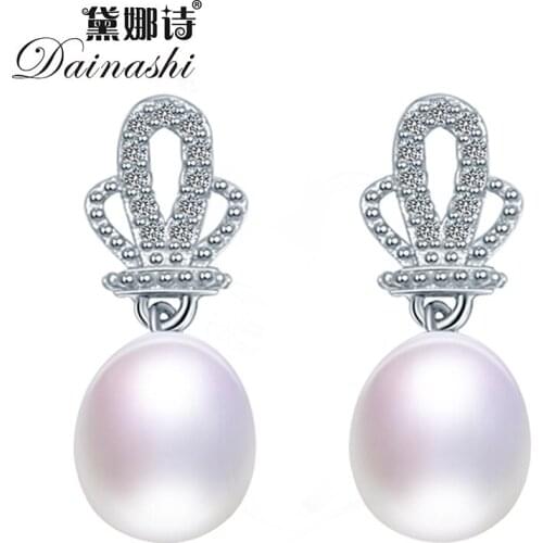 Dainashi 925 Sterling Silver Zircon Crown Fashion Drop Earrings 100% Genuine Natural Freshwater Pearl Drop Earrings for Women