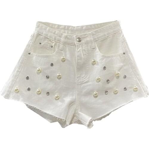 2021 New Summer New White Denim Shorts Womens Loose Wide-Leg Pants Fashion High Waist Slimming Beaded A- Line Jeans Pants Femme