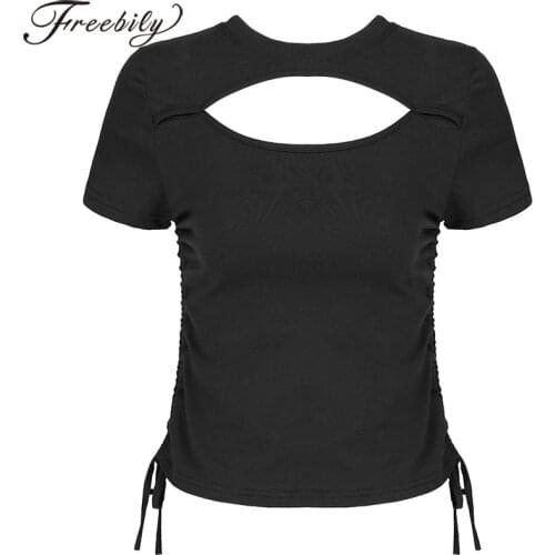XXL Women Side Drawstring Ruched Tops Hollow Out T-shirt O Neck Short Sleeves Crop Top Solid Color Slim Pullover Sexy Club Wear