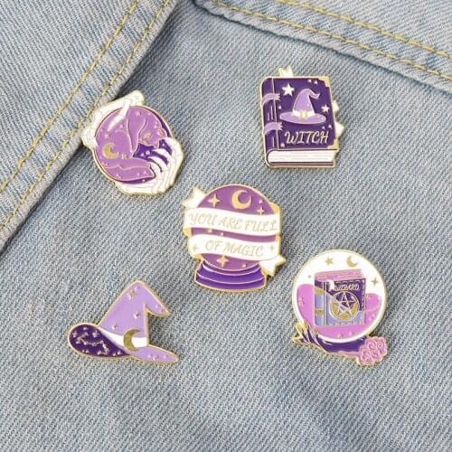 Purple Magic Book Enamel Lapel Pins Wizard Witch Crystal Ball Hand Brooches for Women Badges Bag Goth Witchy Jewelry Gifts