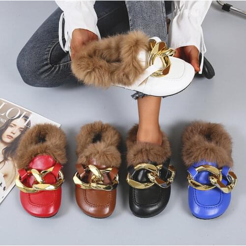 2021 New Winter Gold Chain Design Women Slipper Fur Closed Toe on Keep Warm Mules Shoes Round Toe Low Heels Casual Slides