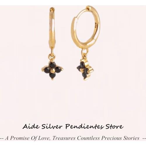 AIDE Black Crystals Geometry Hoops Earrings For Women Wedding Jewelry Pendientes 925 Sterling Silver Heart Enamel Earrings