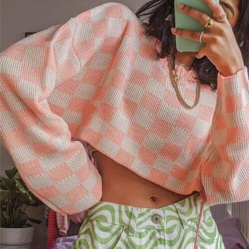 Winter Y2K Plaid Splice Casual cute Pullover Womens sweater Crop tops Long Sleeve Sexy Show waist Fashion Blouse Knit Top women