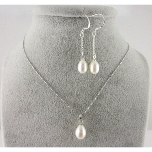 Unique Pearls jewellery Store 8-10mm Rice Freshwater Pearl Necklace Earrings Jewellery Set Woman Wedding Birthday Gift