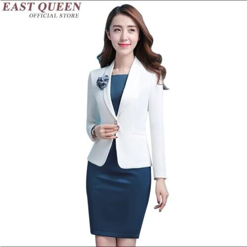2 piece set women body suit dress suits button office lady elegant female white coat blue dress slim sexy knee-length AA3500 a