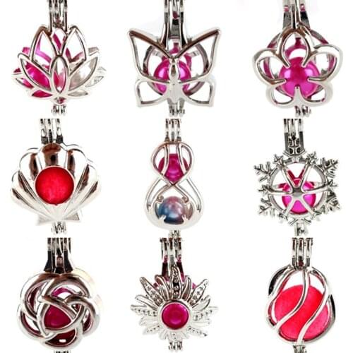5pcs/lot Silver Alloy Flower Sun Butterfly Shell Lotus Pearl Cage Pendant Essential Oil Diffuser Locket
