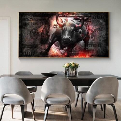 Large Charging Bull Wall Art Canvas Print Dollars Bull Statue Pop Art Motivational Modernt Print Art for Living Room Wall Decor