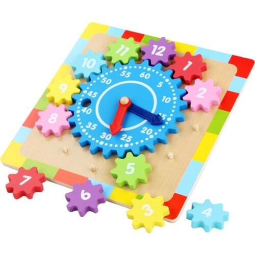 Kid Wooden Gear Clock Toy Number Rotating Gear Blocks Color Sensory Early Education Time Concept Math Toy Matching Stacking Game