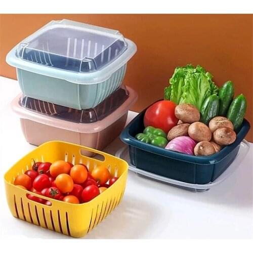 Double-Layer Kitchen Drain Basket Fruit Vegetable Basket Storage Box Refrigerator Storage Crisper Organizer Containers With Lid
