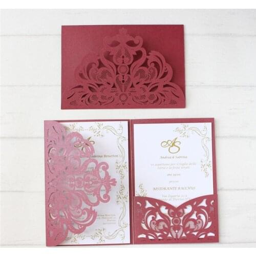 Pocket Wedding Invitation Suite Tri-Folding Flower Laser Cut Invites Elegant Design Custom Printing 50 Pcs