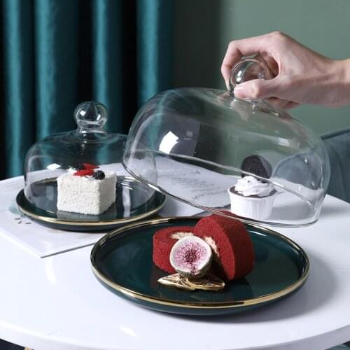 European-style Ceramic Dessert Tray with Glass Cover Cake Tray Try Fruit Bread Tray Home Dessert Glass Cover Gold Rim Cake Tray