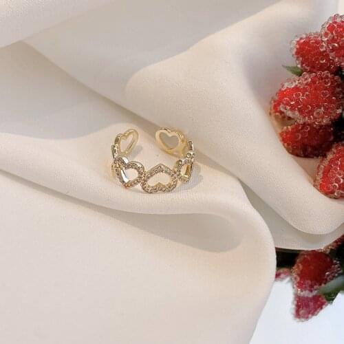 Korean Temperament Simple And Versatile Gem-Studded Bracelet Hollow Love Adjustable Ring Female Heart-Shaped Light Luxury Niche