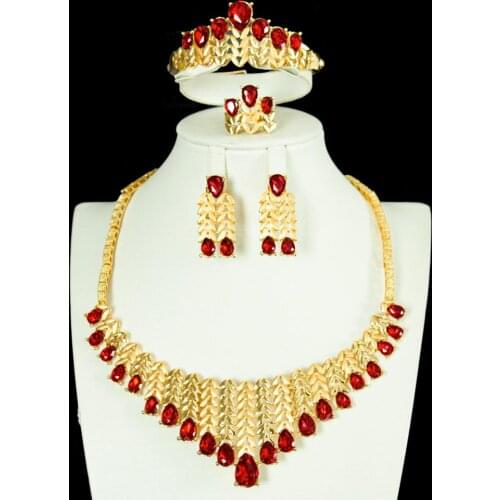 LAN PALACE new bridal jewelry sets gold tone four color stones earrings necklace ring bracelet for party free shipping
