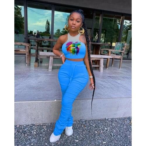 TNNAOFF Gradient 2 Piece Tracksuits Women Set Sleeveless Tie Dye Lips Crop Top Sexy Stacked Sweatpants Streetwear Matching Sets