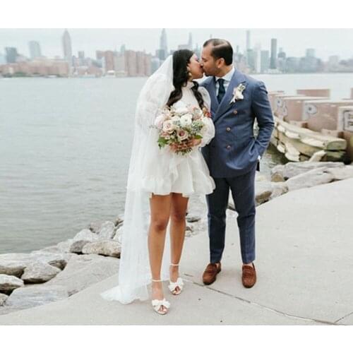 Pretty High Neck Tulle Short Wedding Dresses See Thru Long Puff Sleeves Ruffles Bridal Gowns Sweet Mini Wedding Gowns