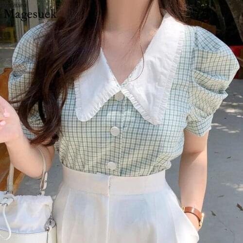 Summer Women Blouse Korean Puff Short Sleeve Loose Tops Vintage Plaid Single-breasted Shirt Female Retro Doll Collar Blusa 14793