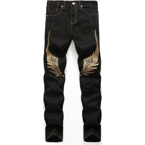 Mens Rock Hip Hop Jeans Studs Embroidery Gold Wings Pants Motorcycle Biker Street Fashion Vintage Ripped Straight Jeans