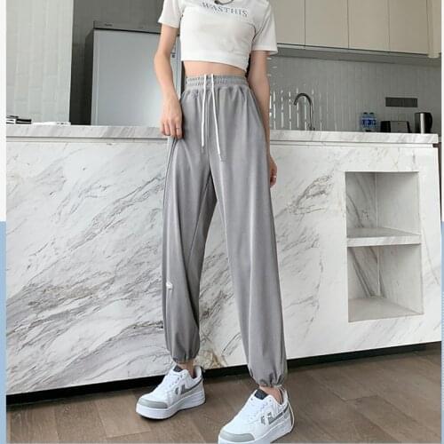 2021 Summer New Ice Silk Thin Pants Women Feet Sweatpants Wide Leg Pants Women Lace Up Stretch All-match Fashion Casual Pants
