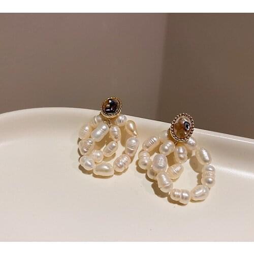 Origin Summer Elegant Irregular Freshwater Pearl Earrings for Women Hollow Circle Statement Dangle Earrings Romantic Jewelry