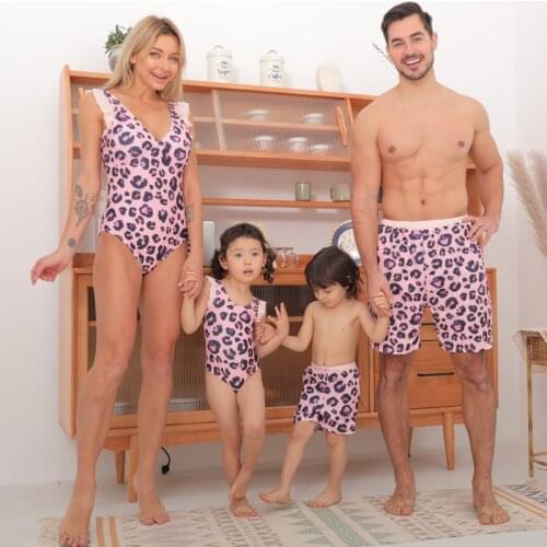 Beachwear One Piece Swimsuit Women Girls Kids Swimsuit Leopard Print Child Boy Baby And Father Summer 2021 Swimwear Beach Shorts