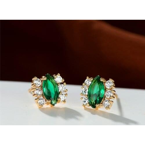 Luxury Female Crystal Leaf Stud Earrings Simple Fashion Green Zircon Earrings Charm Gold Color Bridal Wedding Earrings For Women