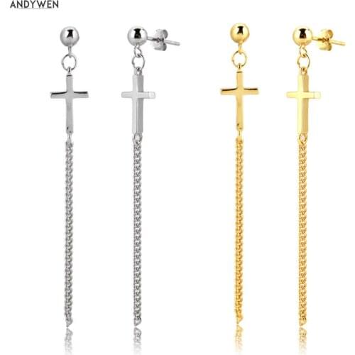 ANDYWEN 100% 925 Sterling Silver 60mm Cross Long Chain Earring Drop Line Women Luxury Jewelry New 2020 Fashion Fine Jewelry
