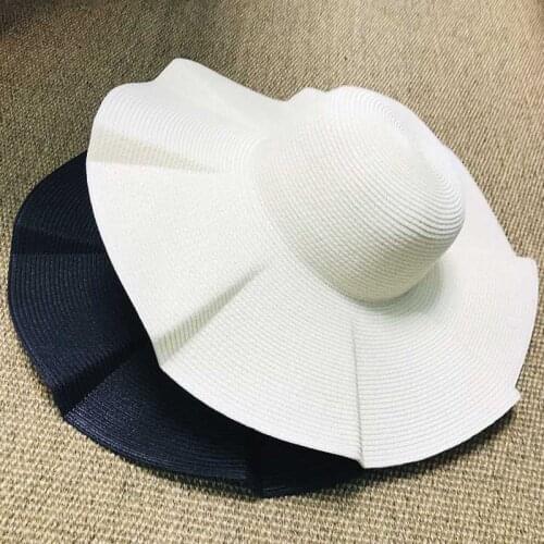 Women Solid Black white Beach Sun Hat Wide brim Paper Straw Hat UV UPF50 Travel Foldable Brim Summer UV Hat Kentucky derby hat
