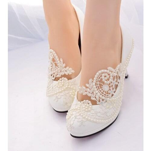 Size 34-42 plus size high heel platforms ivory lace pearls bridal wedding shoes HS384 ladies bridesmaid party dress dinner pump