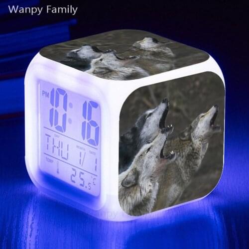 Roaring Wolf Alarm Clocks Color Change Glowing LED Digital Clock For Kids Birthday Gift Multifunction Touch Sensing Flash Clocks
