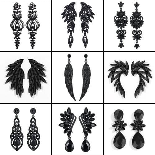 Minmin Vintage Feather Long Drop Earrings for Women Black Crystal Angel Wing Dangle Earrings 2019 Fashion Jewelry Female MEH942