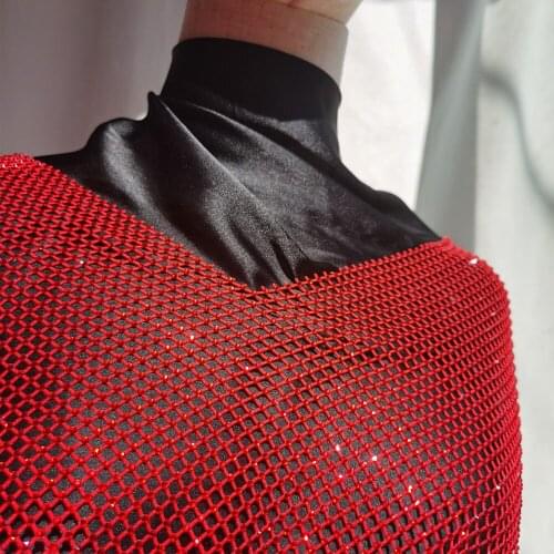 High Quality Mesh Fabric Hot RED Net Rhinestone Crystal Spandex Honeycomb Trim Elastic Diamond Strass Masquerade Transparent