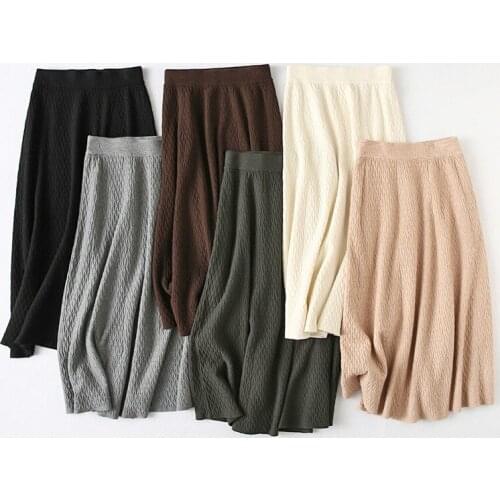 Women soft Midi black knit skirt Elegant autumn 2021 winter solid color A-line knitted with sweater high-waist skirt for women