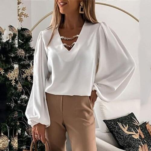 2021 Spring Summer White Blouse Women Casual Loose Lantern Sleeve V-Neck Chain Decor Splicing Shirts Female Fashion Solid Blusas